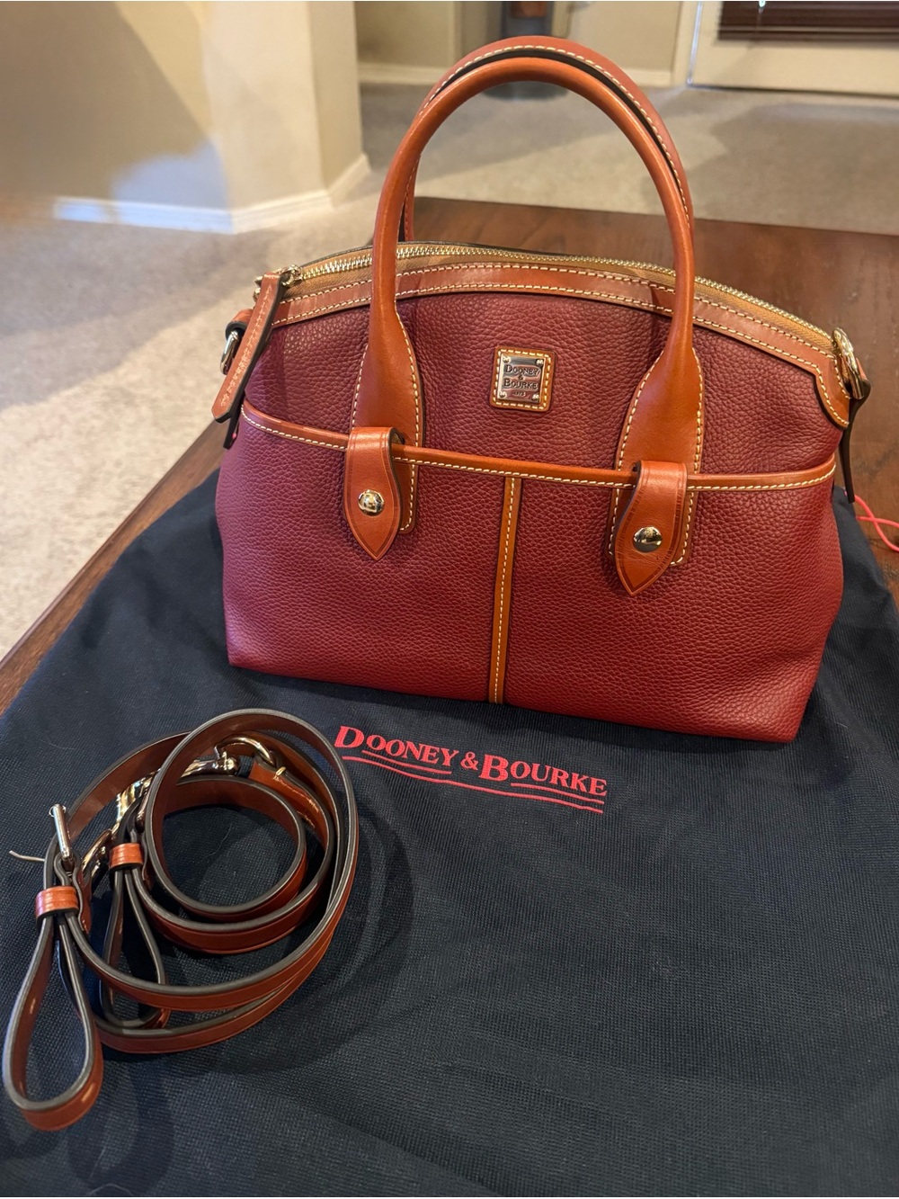 Dooney & Bourke Pebbled Leather Satchel in Brick Red with Tan Trim